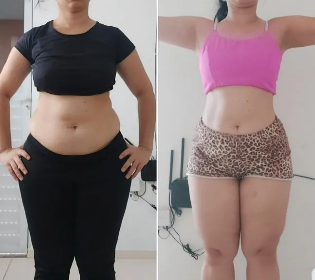 A woman's progress shown in two side by side photos