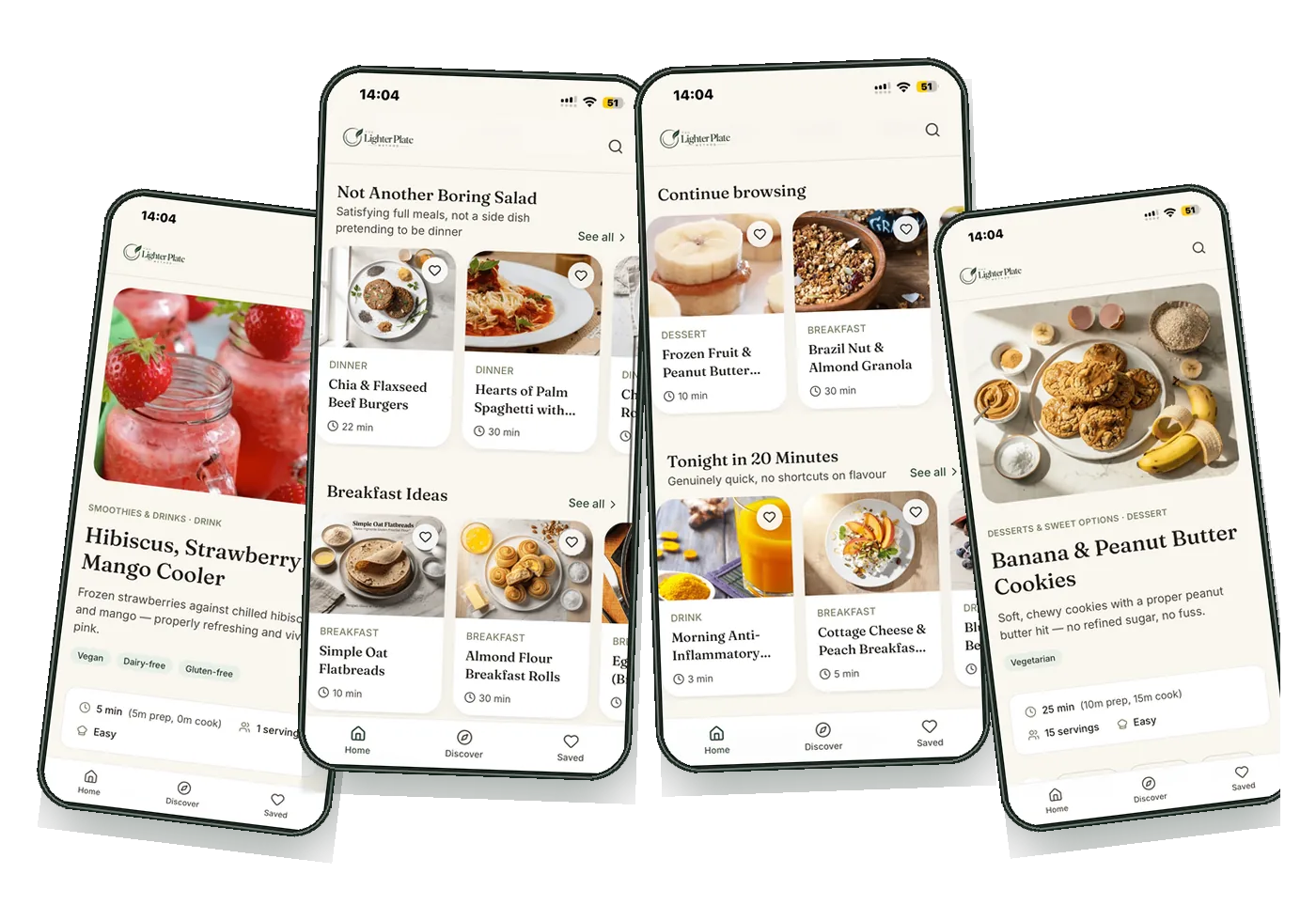 The Lighter Plate recipe collection displayed across four phones